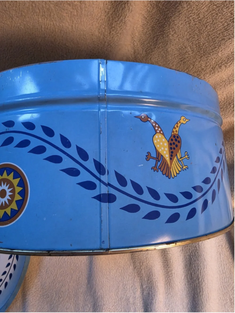 Vintage 1970s Pennsylvania Dutch Blue Metal Cookie Tin Tray Lid Folk Art Amish